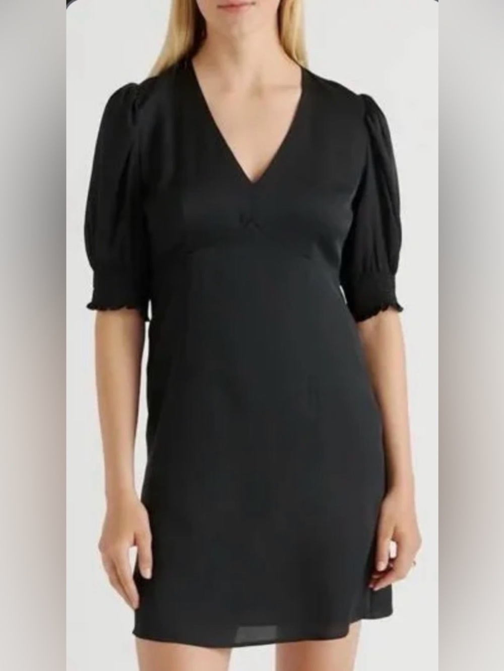 Black V-Neck Puff Sleeve Stretch Silk Dress Half Sleeve Elbow Sleeve